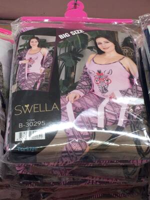 Büyük Beden 3'lü Sabahlıklı Pijama Takımı - KARIŞIK RENK/DESEN - 1